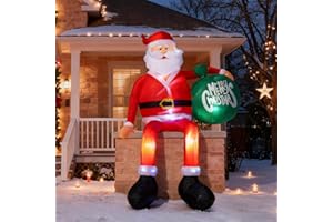 JOYHALO 8FT Christmas Inflatable Sitting Santa Claus Outdoor, Santa Blow Up Yard Decorations with Gift Bag, with Bright LED Lights, Climbing Santa for Roof Indoor Lawn Party Decor