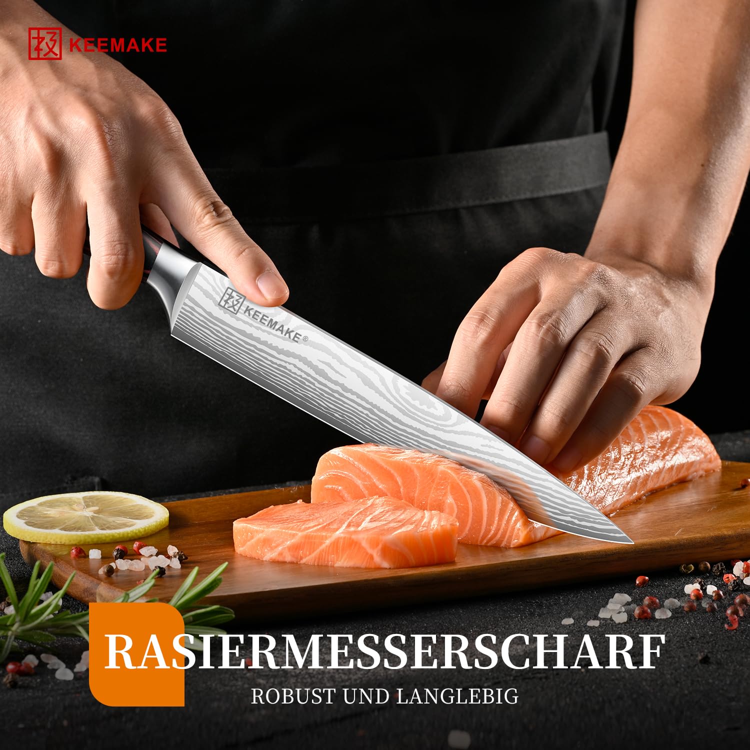KEEMAKE Scharf Fleischmesser 20cm - Profi Kochmesser Küchenmesser aus Edel-Stahl, Tranchiermesser Schinkenmesser mit ergonomischem Pakkaholz-Griff, Allzweck Grillmesser Chef Knife, Vatertagsgeschenk 4