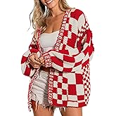 SELINK Women's Cardigan Sweater Vintage Open Front Mixed Checkered Pattern Chunky Knit Plaid Long Sleeve Daily Outwear