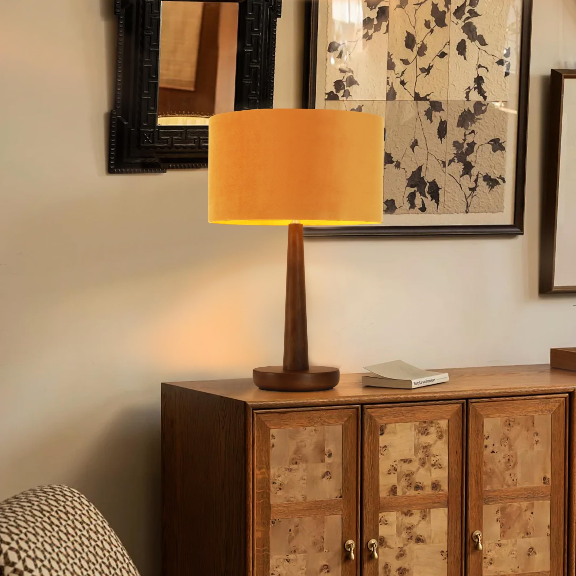 Photo 1 of Keazile 18.5" Table Lamp for Living Room, Modern Walnut Wood Desk Lamps for Bedroom, UL Listed Nightstand Lamp, End Table Lamps for Console, Entryway, Office, Dorm, Home Decor, Orange Velvet Shade