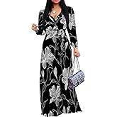 PinkPatty Women's Long Sleeves V Neck Maxi Dresses Flowy Party Wedding Guest Dress with Belted