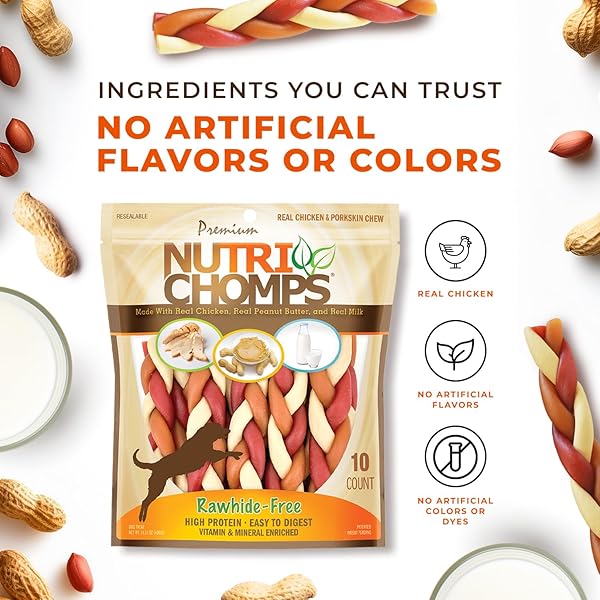 NUTRICHOMPS DOG CHEWS, 6-INCH BRAIDS, EASY TO DIGEST, RAWHIDE-FREE DOG TREATS, HEALTHY, 10 COUNT, REAL CHICKEN, PEANUT BUTTER AND MILK FLAVORS