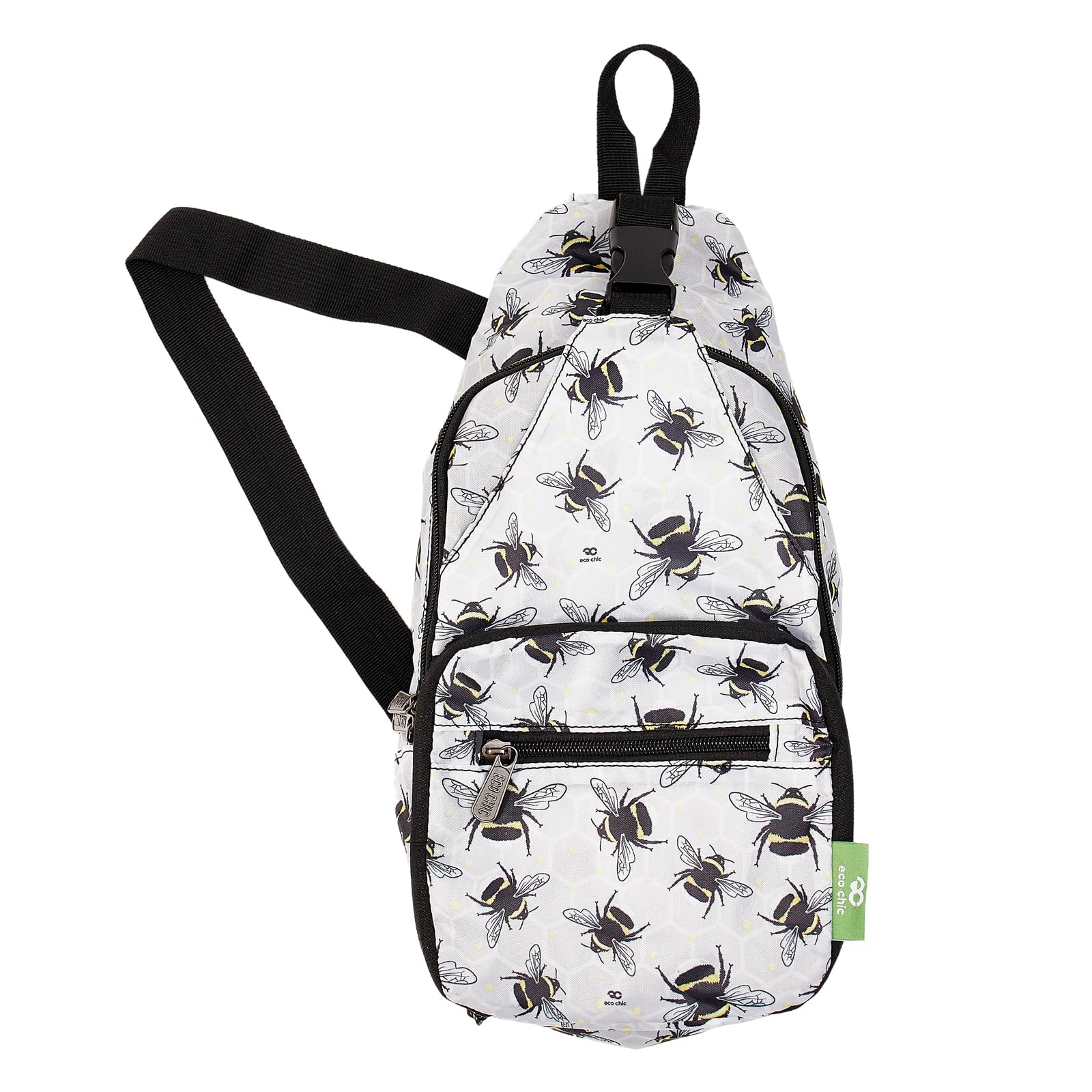 Eco Chic Lightweight Foldable Crossbody Bag Recycled Plastic Shoulder Backpack Folds Into Pouch for Storage (Bumble Bees Grey)