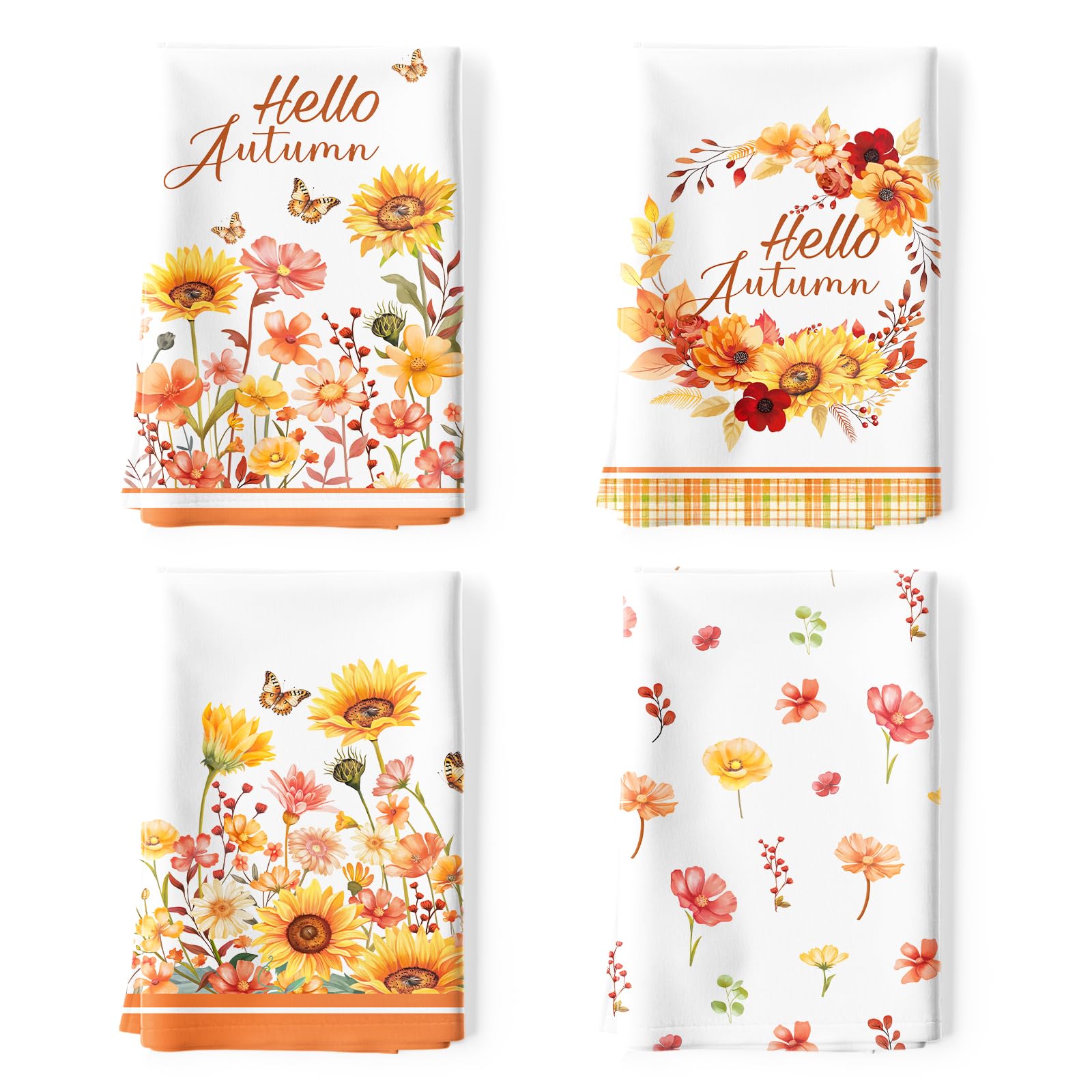 Arquiel 4 Pcs Autumn Flowers Kitchen Towel 100% Cotton Fall Absorbent Dish Towel 70 x 48 cm Housewarming Decorative Hand Towels for Dining Home Thanksgiving Decor