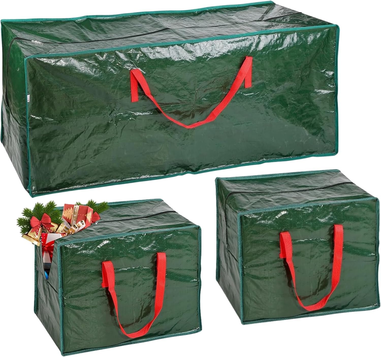 Christmas Tree Storage Bag With 2 x Christmas Decorations Storage Bags For Baubles, Tinsel, String Lights - Fits Up to 7ft Artificial Trees - Extra Large Xmas Cover Bag (Green 3pcs Set)
