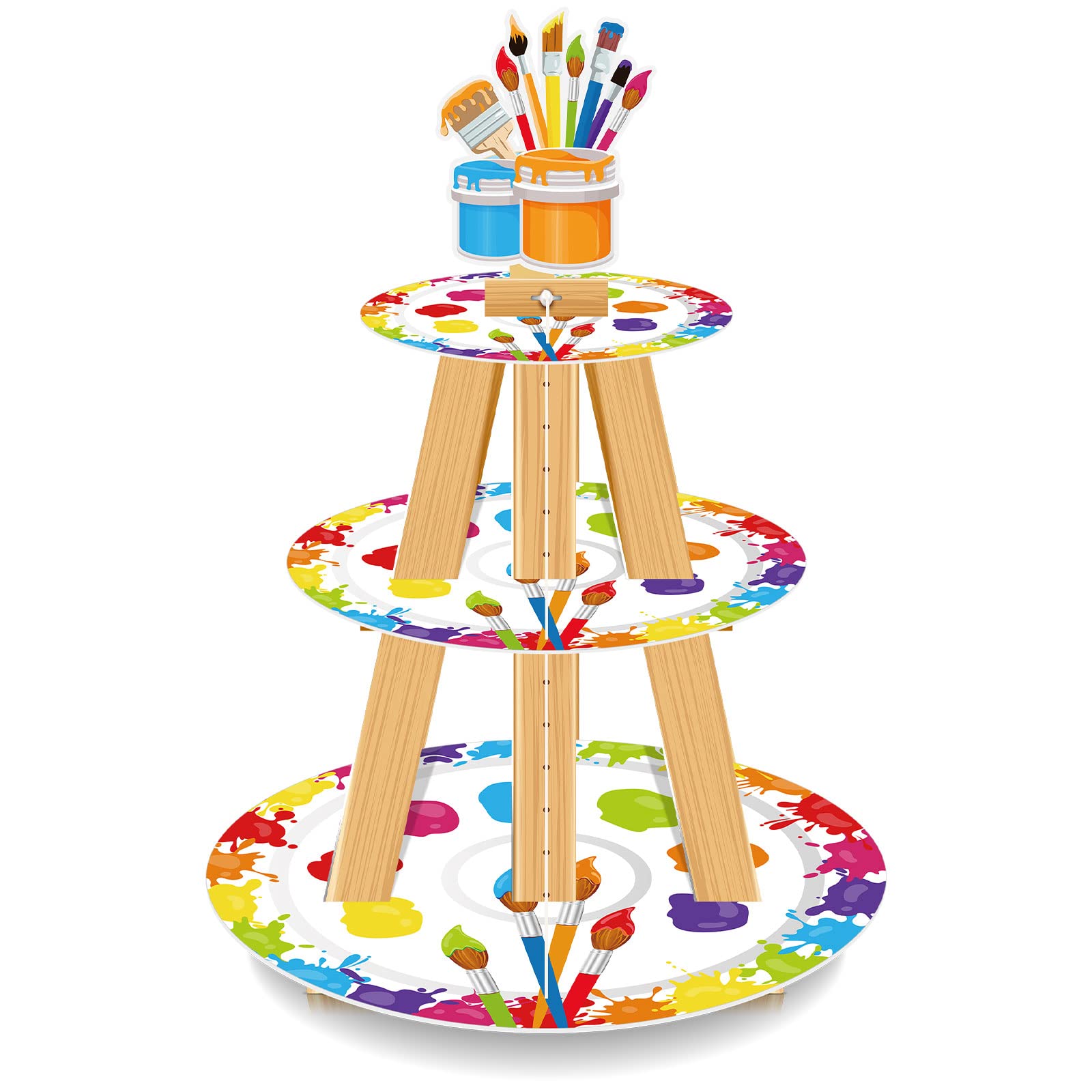 Photo 1 of Mumufy 3 Tier Art Paint Party Cupcake Stand Decorations Artist Multicolor Party Cupcake Holder Painting Splatter Cake Dessert Holder for Paintbrush Birthday Baby Shower Supplies