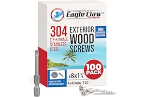 ALLEN'S TRADING CO. EAGLE CLAW FASTENERS #8 x 1 5/8 Inch Stainless Steel Wood Screws | 304 Grade (100 Pack) | Flat Head T20 Star Torx Drive | Exterior Wood Screws by Eagle Claw Fasteners | Corrosion & Rust Resistant (Includes Driver Bit)