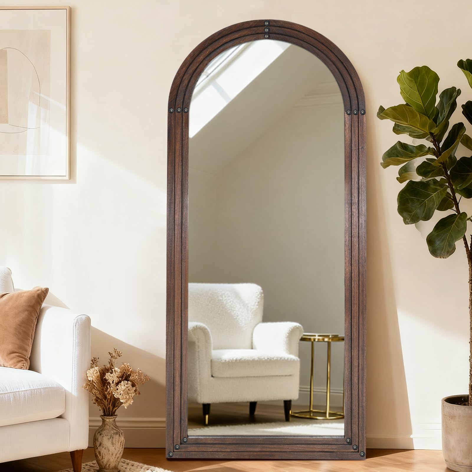 Photo 1 of ***Frame is damaged in two spots!***LXWZHK Full Length Mirror 71"x30" Arched Solid Wood Frame Floor Standing Mirror, Hanging or Leaning Wall-Mounted for Living Room, Bedroom, Brown***Frame is damaged in two spots!***