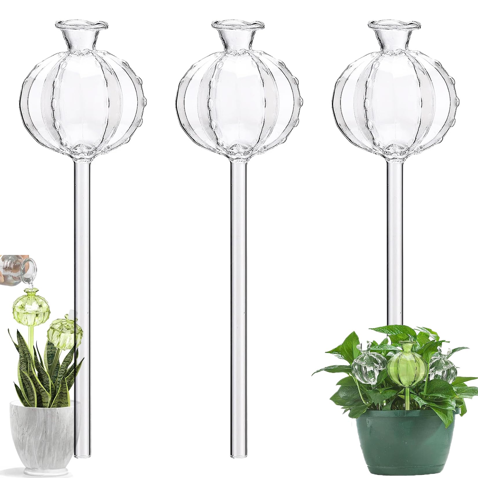 MKNZOME Plant Watering Globes Stakes, 3pcs Self Watering Colorful Glass Plant Watering Devices Automatic Watering Bulbs Vacation Plant Waterer for Outdoor Indoor Garden Plants