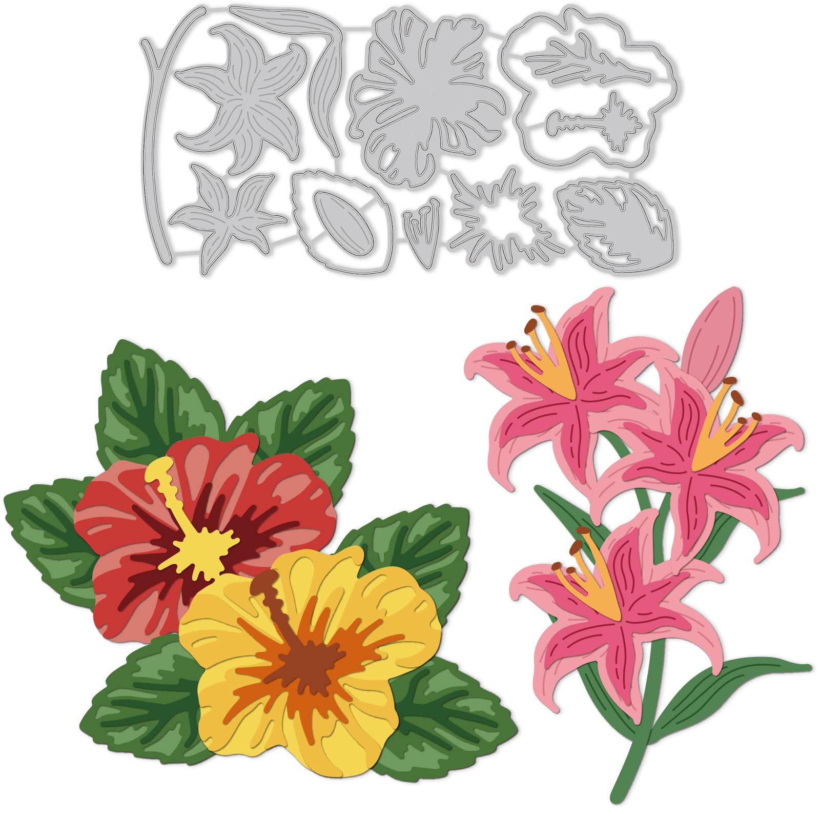 GLOBLELAND Layered Flowers Cutting Dies Metal Lily Hibiscus Leaves Embossing Stencils Die Cuts for Paper Card Making Decoration DIY Scrapbooking Album Craft Decor — image 1