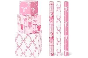 WERNNSAI Pink Bow Wrapping Paper - 3 Rolls Ribbon Bow Birthday Wrapping Paper Girls Pink Coquette Gift Wrap for Women Birthda