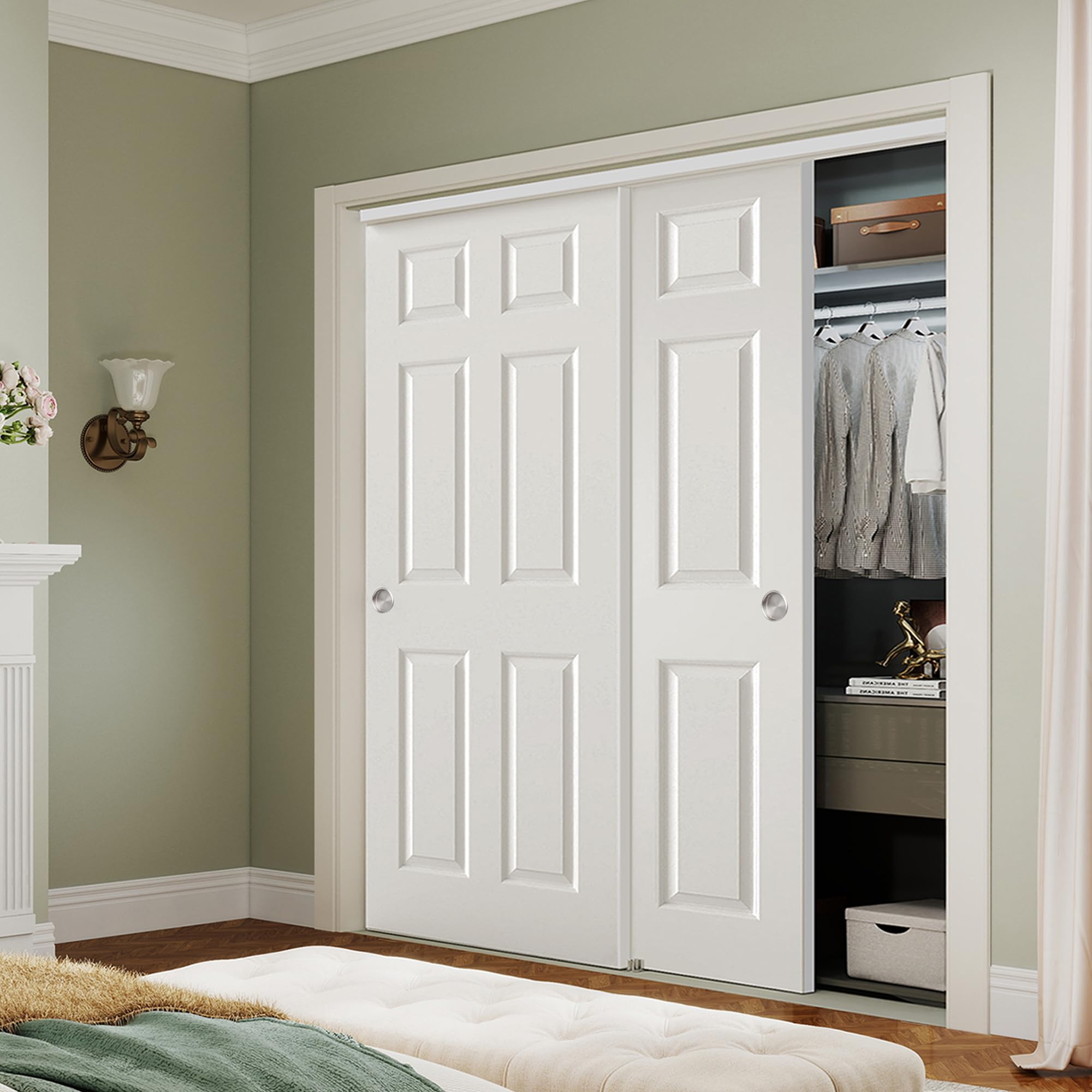Photo 1 of BARNSMITH 72x80 in 6-Panel Bypass Sliding Closet Door, White Primed Door Slab with Bypass Closet Track Hardware Kits, Paintable and Lightweight