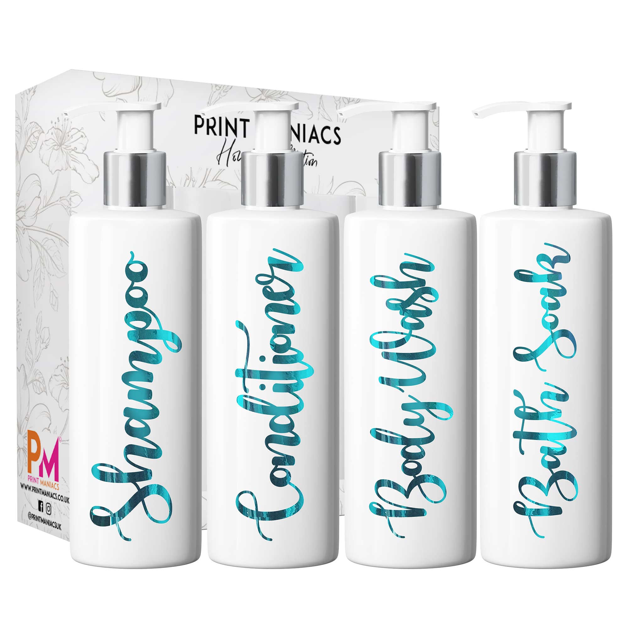 Print Maniacs Mrs Hinch Inspired White Personalised Pump Bottles Bathroom Kitchen Set Shampoo Conditioner (Teal)