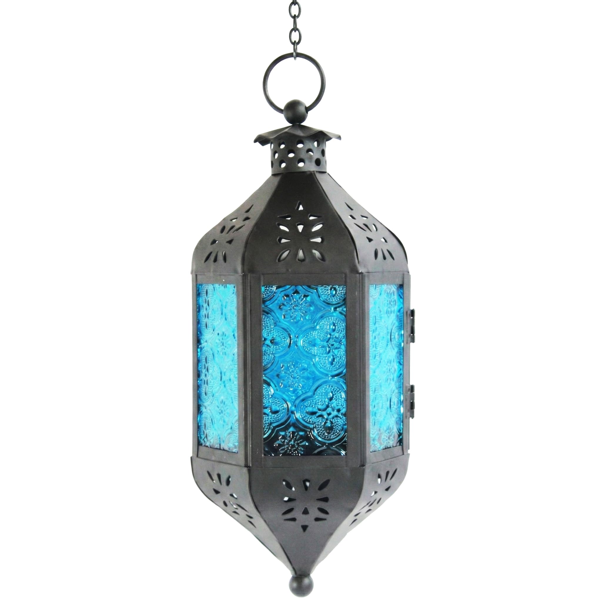 Blue Glass Hanging Moroccan Candle Lantern with Chain