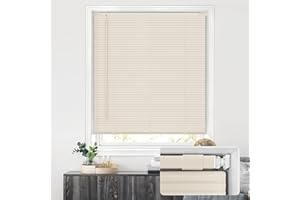 LazBlinds No Tools No Drill Cordless 1" Vinyl Mini Blinds, 100% Privacy S-Curve Blinds for Indoor Windows, Room Darkening Horizontal Window Blinds and Shades for Home, 35" W x 48" H, Beige