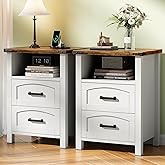 Decofy Farmhouse Nightstand Set of 2 with Charging Station, 18'' Wide Rustic End Table with USB/Type-C Ports, 2 Drawers & Open Shelf, Wood Bedside Table for Bedroom, White