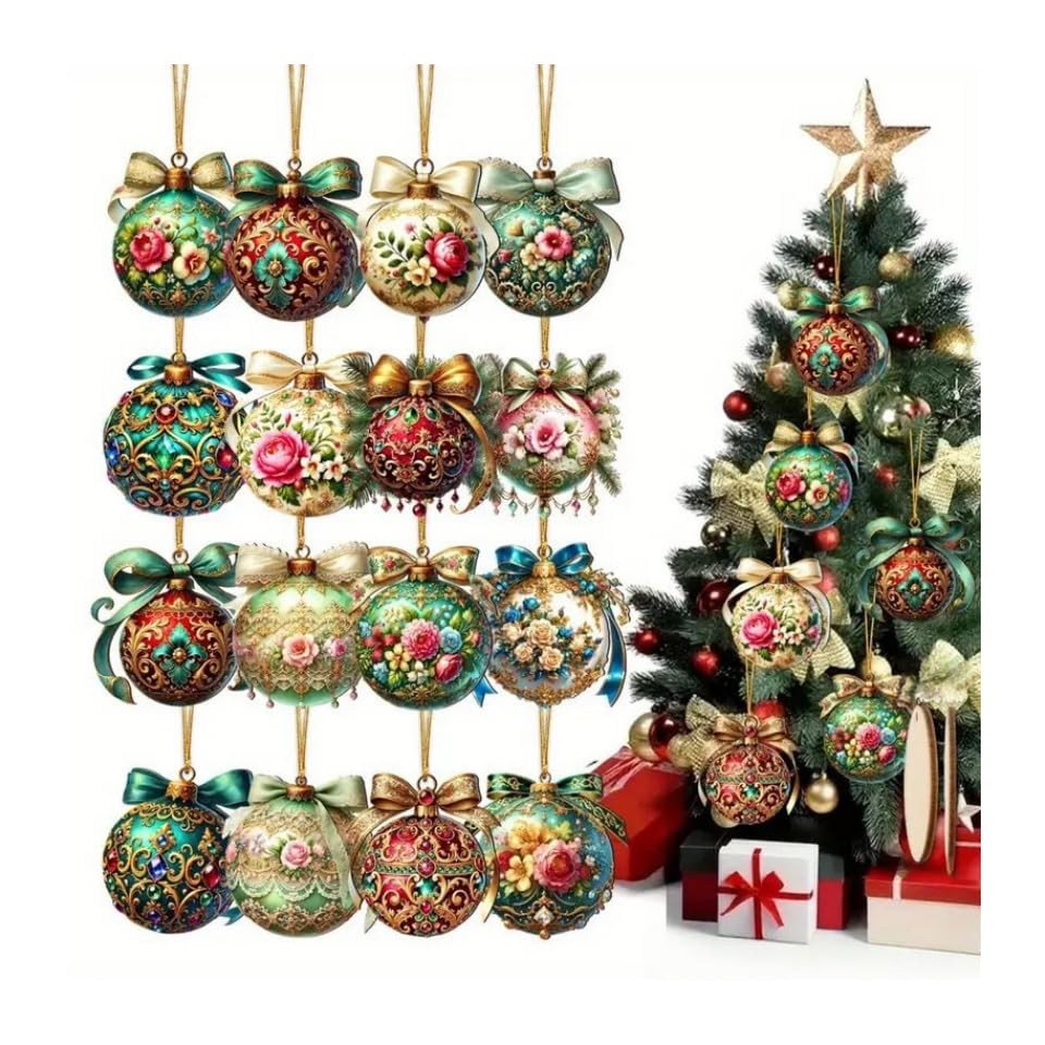Photo 1 of 16Pcs Christmas Ornaments 2D Flat Round Design Tree Hanging Set Disc for Festive Winter Holiday New Year