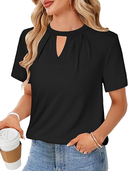 ROOSCIER WOMEN’S DRESSY CASUAL BLOUSES PLEATED KEYHOLE SHORT SLEEVE WORK SHIRTS TOPS BLACK MEDIUM
