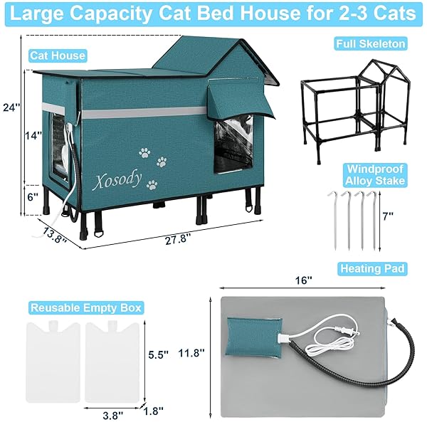 XOSODY HEATED CAT HOUSE FOR OUTSIDE CATS- 100% WEATHERPROOF INSULATED OUTDOOR CAT HOUSE WITH HEATING PAD, ELEVATED BASE & SAFE ESCAPE DOOR, WARM KITTY SHELTER FOR FERAL OR STRAY CATS IN WINTER