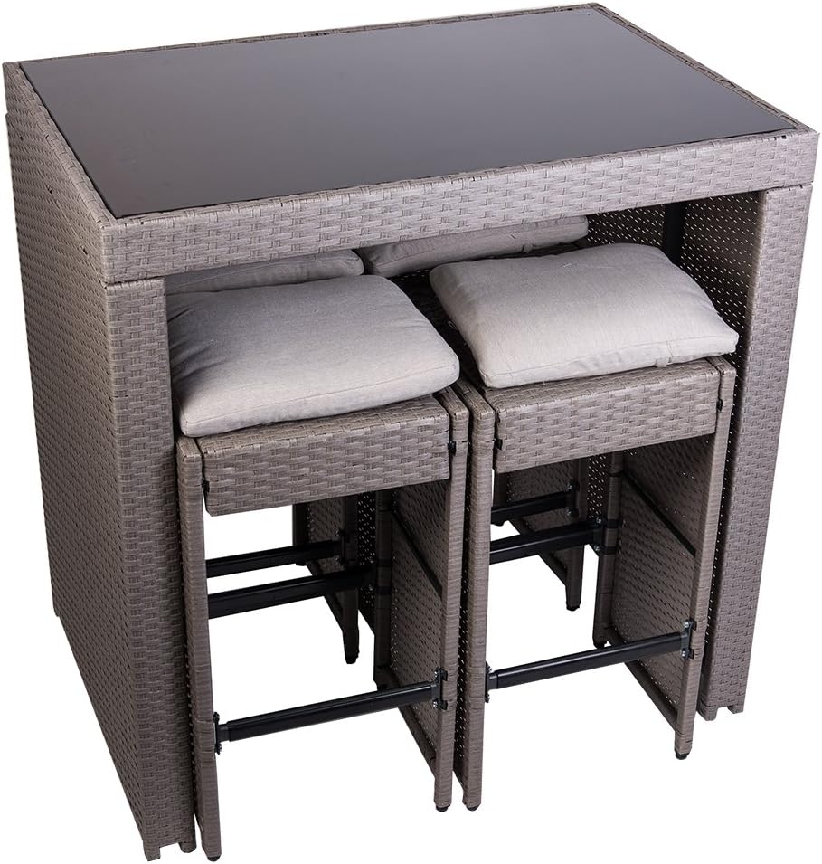 PatioPost Outdoor 5 Pcs Grey Wicker Bar Set: Glass Bar and Four Stools with Cushions - Perfect for Patios, Backyards, Porches, Gardens or Poolside