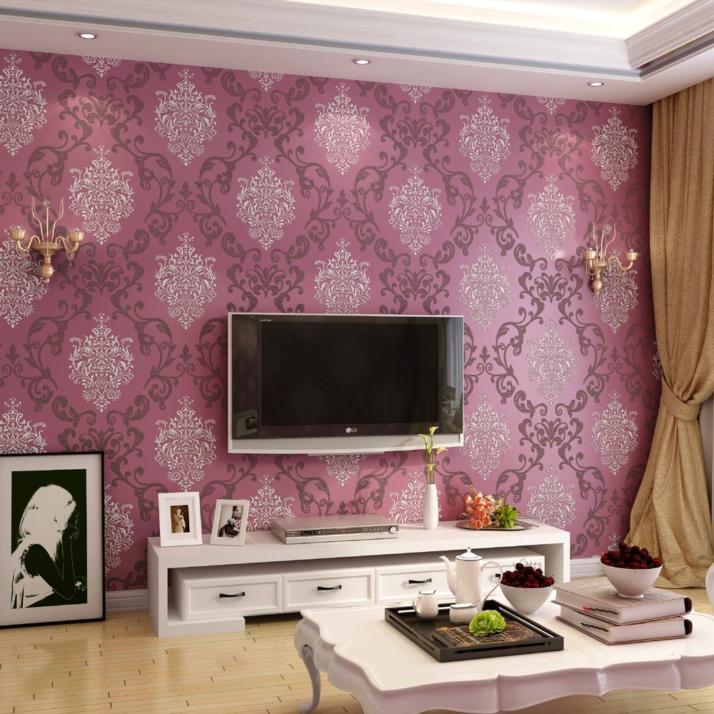 KeTian European Style Luxury 3D Damask Pearl Powder Non-Woven Wallpaper Roll for Living Room Bedroom Hotel Wallpaper Purple Red Color 0.53m (1.73' W) x 10m(32.8'L)=5.3m2 (57 sq.ft)