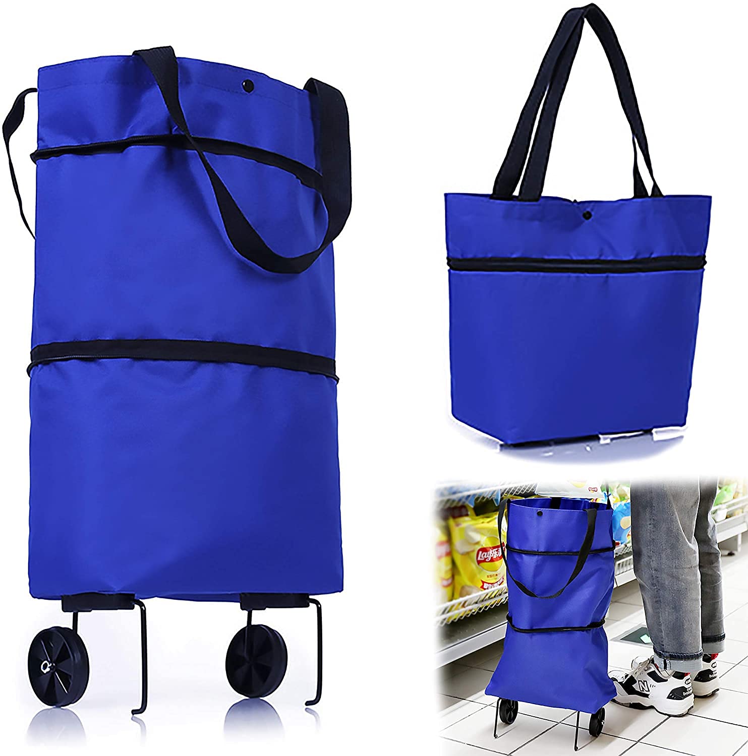 Trolley Bags Shopping Bag Oxford Cloth Foldable Shopping Bag with Wheels Shopping Cart for Home Supermarket, Blue, as shown