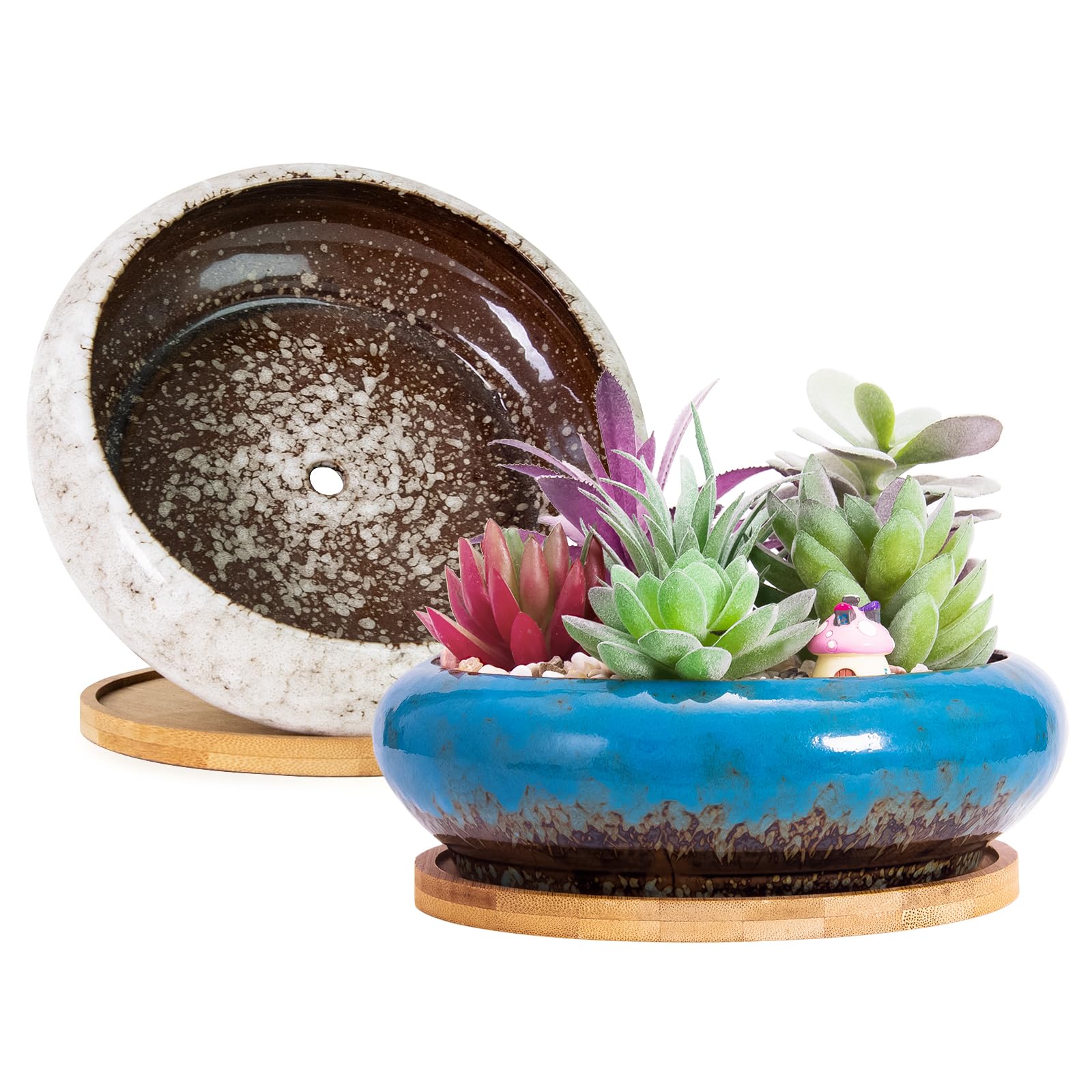 ARTKETTY Succulent Plant Pots, 2 PCS Large Bonsai Pot with Trays, Shallow Plant Pot Ceramic Pots for Indoor Cactus Flower Plants Decorative Garden Home Office