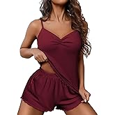 Ekouaer Womens Cami Pajama Sets 2 Piece Ribbed Knit Lingerie Sleeveless Tank Top and Shorts Camisole Pjs Sleepwear