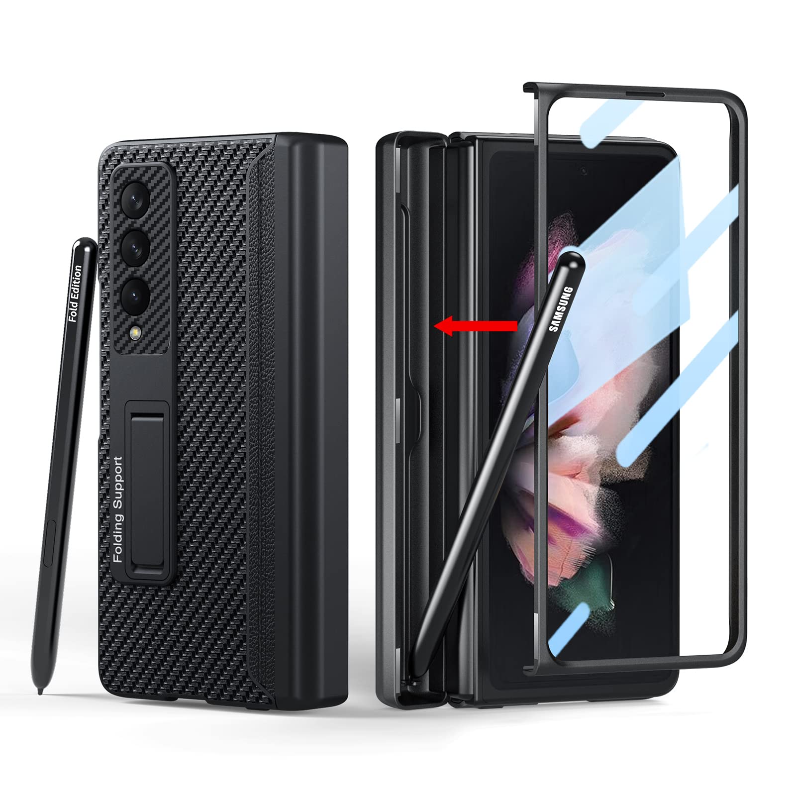 Photo 1 of [Updated Version] Libeagle Compatible with Samsung Galaxy Z Fold 3 Case [Built in Hidden S Pen Holder to Avoid Pen Lost][Leather on Back][Screen Protector][Hinge Protection] Cover 5G 2021-Carbon fiber