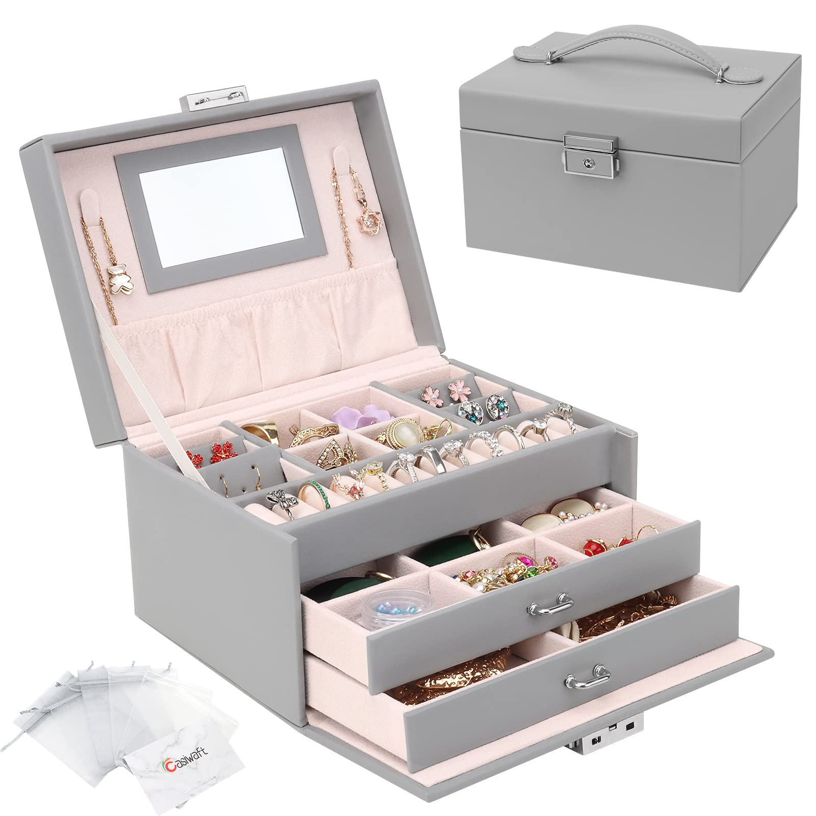 Jewellery Box Organiser, 3 Layers PU Leather Jewelry Storage Case with Mirror and Lock, Lockable Jewellery Organiser with 2 Drawers for Rings, Bracelets, Earrings, Grey