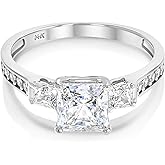 Ioka - 14K Solid White Gold 1.5 Ct. Princess Cut 3 Stone CZ Engagement Ring With Stones in Band - Size 4