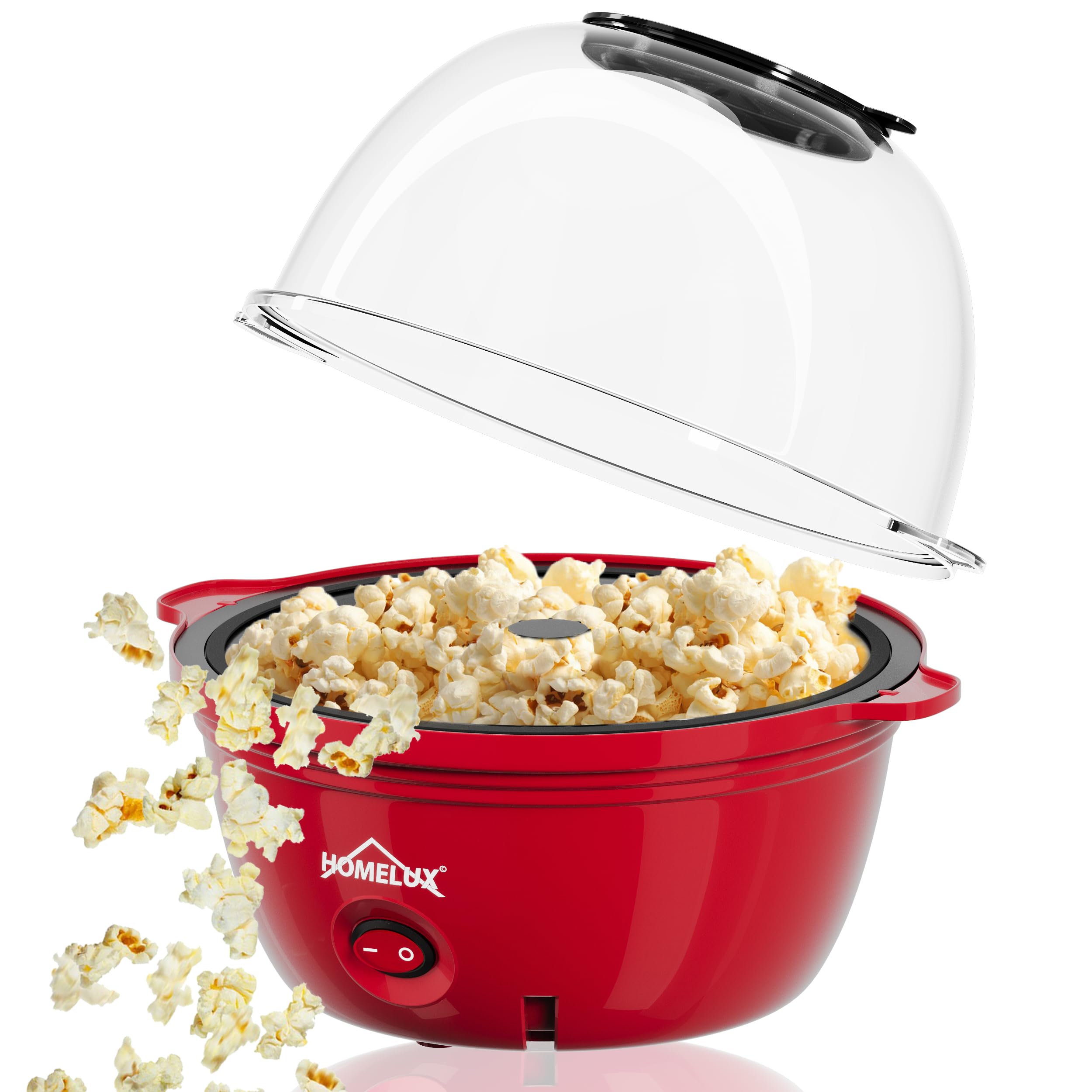HOMELUX Popcornmaschine Popcorn Maker 450W Mini Popcorn Maschine mit Messlöffel Antihaftbeschichtung Snack Popcorn Popper für Zuhause Party Kinder, Deckel als Servierschale, Stille & Schnelle Rot 8