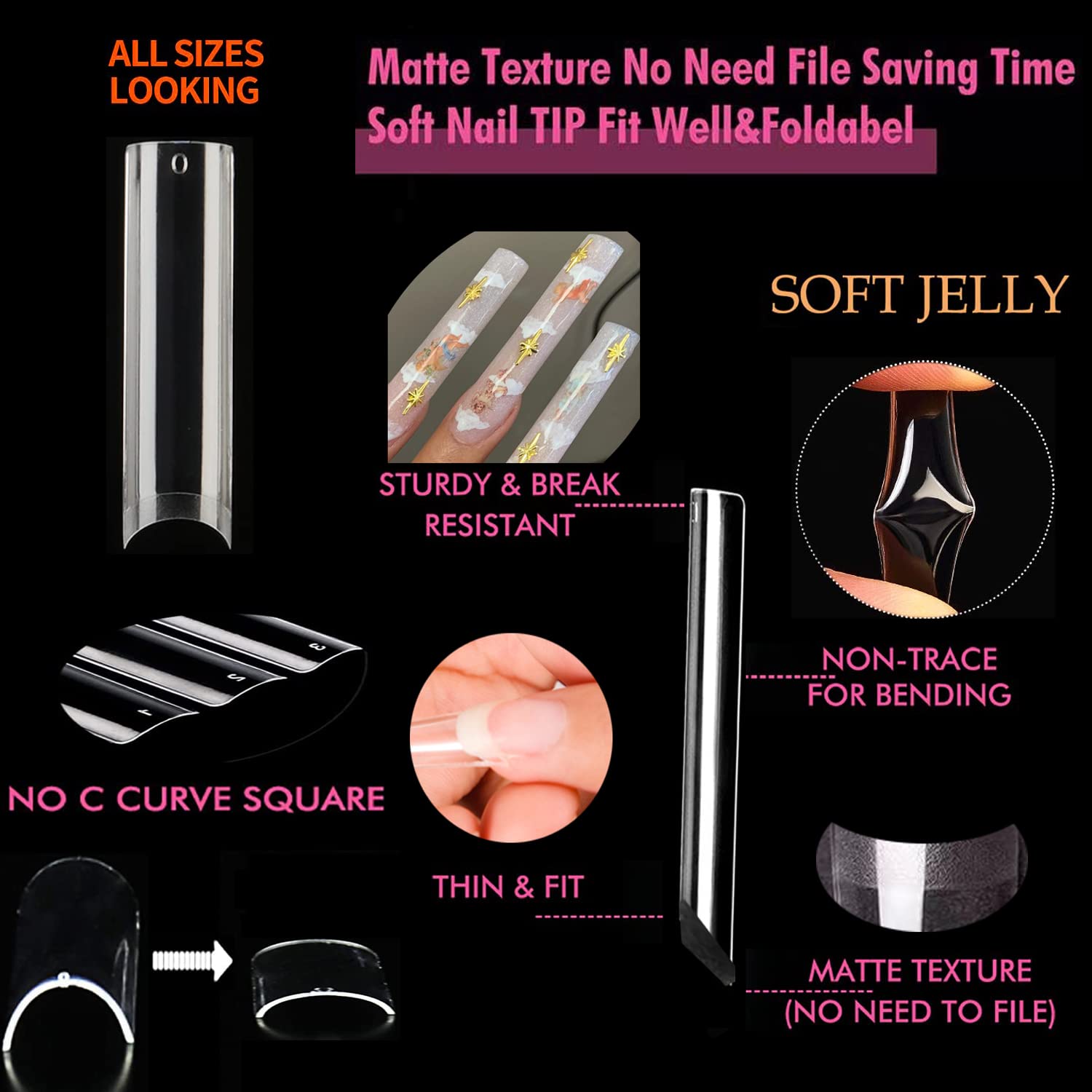 UNA GELLA Nail Tips Square XXL Tips 120 PCS No C Curve Gel Tips Extra Long Square Straight Nails Half Fake Nail Tips No Trace for Acrylic Nails Tips for Home DIY with Box - Image 4