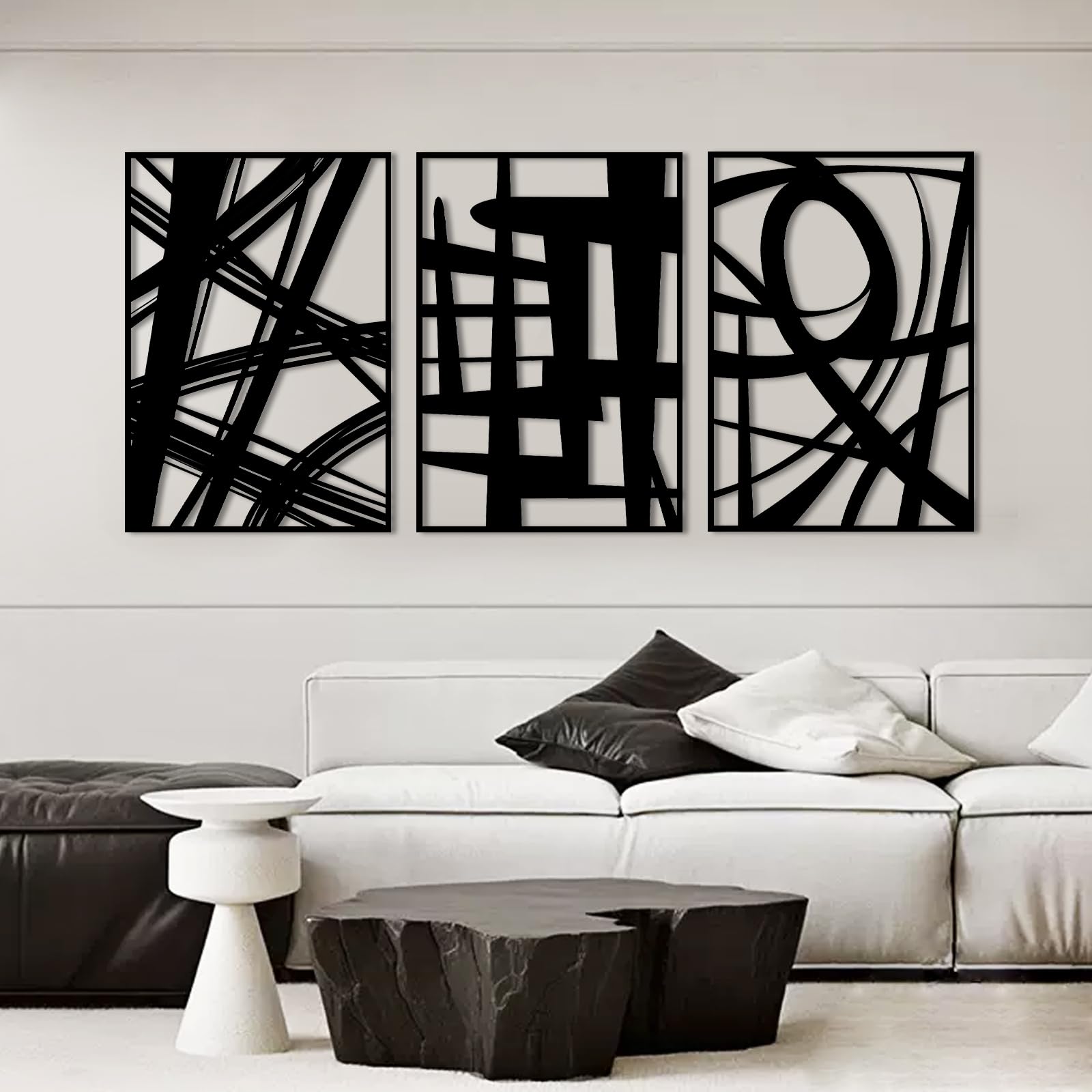 3Pcs Abstract Black Metal Wall Art, 3D Textured Wall Decor, Modern Hollow Out Design Wall Sculptures, Minimalist Line Art for Living Rooms Offices Restaurants (16in x 11in)