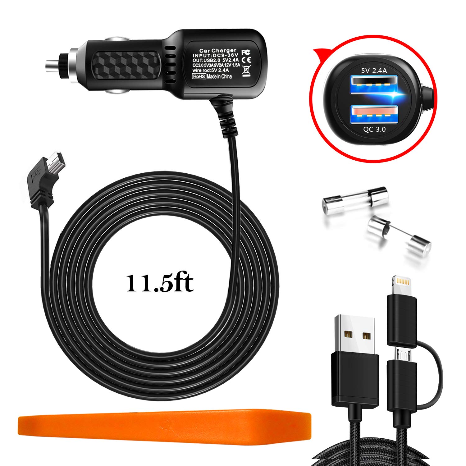 EDO 10' Hardwire Cord Car Charger For Garmin GTU 10 GLO 2 Tracker GPS/GLONASS