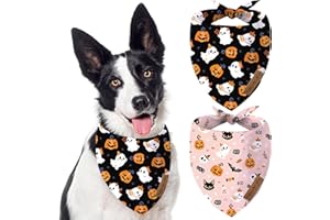 Oritasy Pink Halloween Dog Bandanas, Cute Ghost 2-Pack Triangle Reversible Pet Scarves, Premium Fabric, Pumpkin Bandana for All Dogs (Large, Style 3)