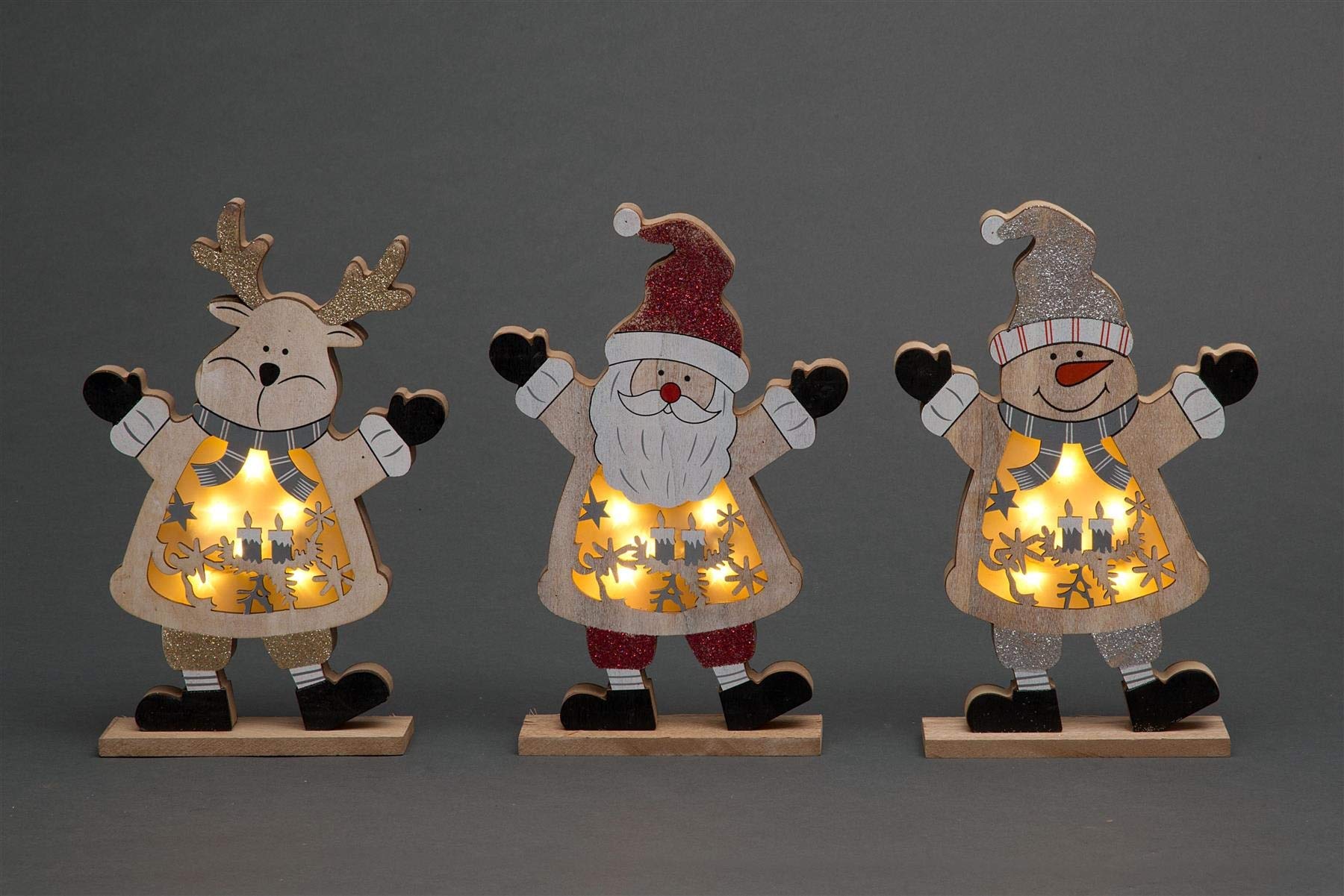 Set Of 3 LED Wooden Christmas Santa Snowman Reindeer Xmas Home Indoor Table Decorations Ornaments Centrepiece, 27cm