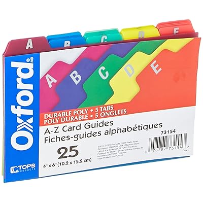 Oxford Poly Index Card Guides, Alphabetical, A-Z, Assorted Colors, 4" x 6" Size, 25 Guides per Set (73154)