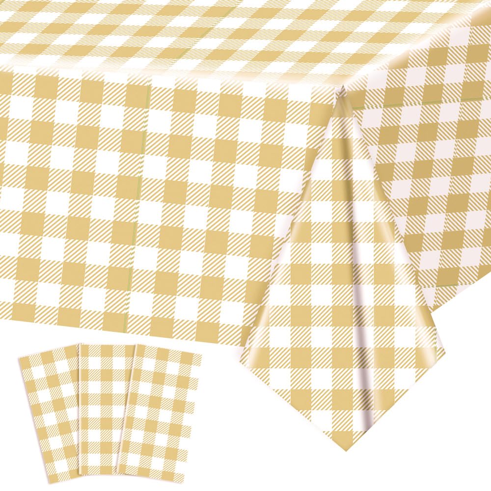 Photo 1 of 3 Pack Brownish-Yellow and White Gingham Tablecloths, 54 X 108Inch Disposable Party Table Covers Scalloped Brownish-Yellow and White Checkered Tablecloth
