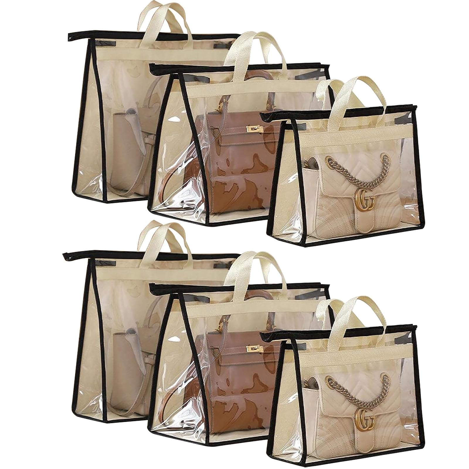 6PCS Clear Dust Handbag Storage Organizer, Dust Bags for Handbags with Zipper and Handle Moisture Proof Dust-Proof Storage Bag Hanging Handbag Purse Organizer, 3 Sizes(Beige)