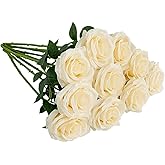 IUKnot Artificial Rose 10pcs Open Flower Bouquet Faux Rose Stems for Wedding Arrangement, Bridal Bouquet, Centerpiece, Fake Faux Silk Flowers (Ivory)