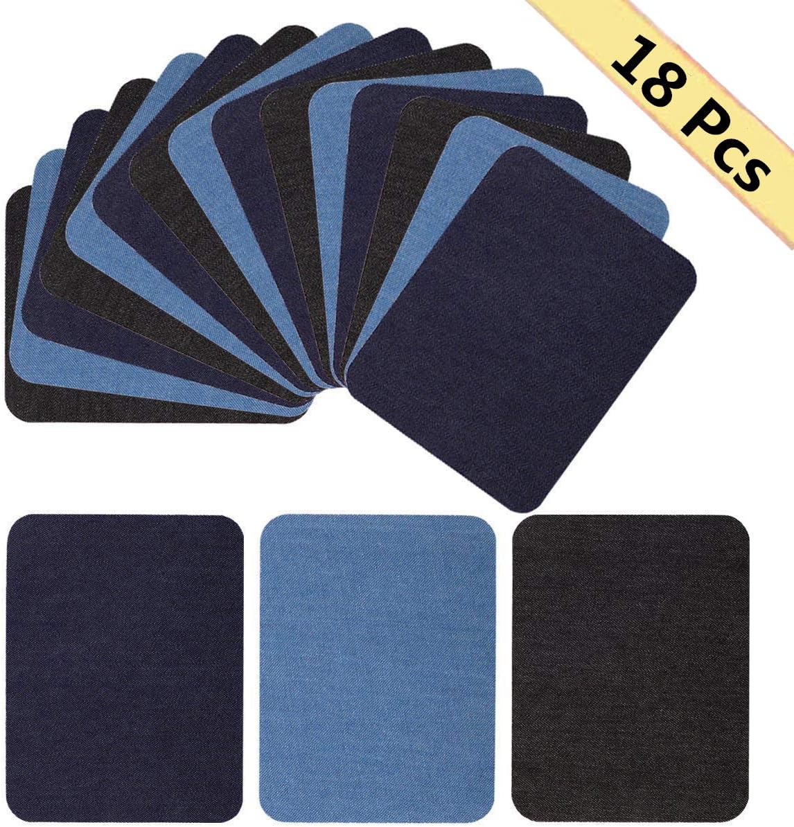 Iron On Denim Patches for Jean Clothing 18 Pieces No-Sew Denim Patches Assorted Cotton Jeans Repair Kit by POAO, 6 Pcs Per Colors, 3 Assorted Colors, 5 x 3 3/4 Inch