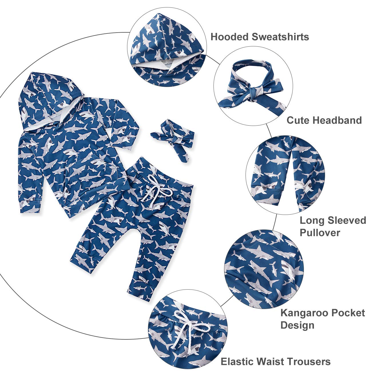 chicolife Baby Shark Bedruckte Langarm-Sweatshirts mit Kapuze 2er-Sets für 12-24 Monate Jungen
