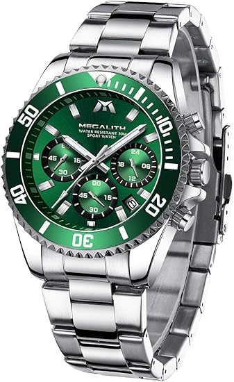 Amazon メガリス Megalith 腕時計 メンズ時計クロノグラフ防水 多針アナログクオーツウオッチステンレススチール 日付 金属 ラグジュアリー おしゃれ ビジネス カジュアル メタル男性腕時計 グリーン メンズ腕時計 腕時計 通販