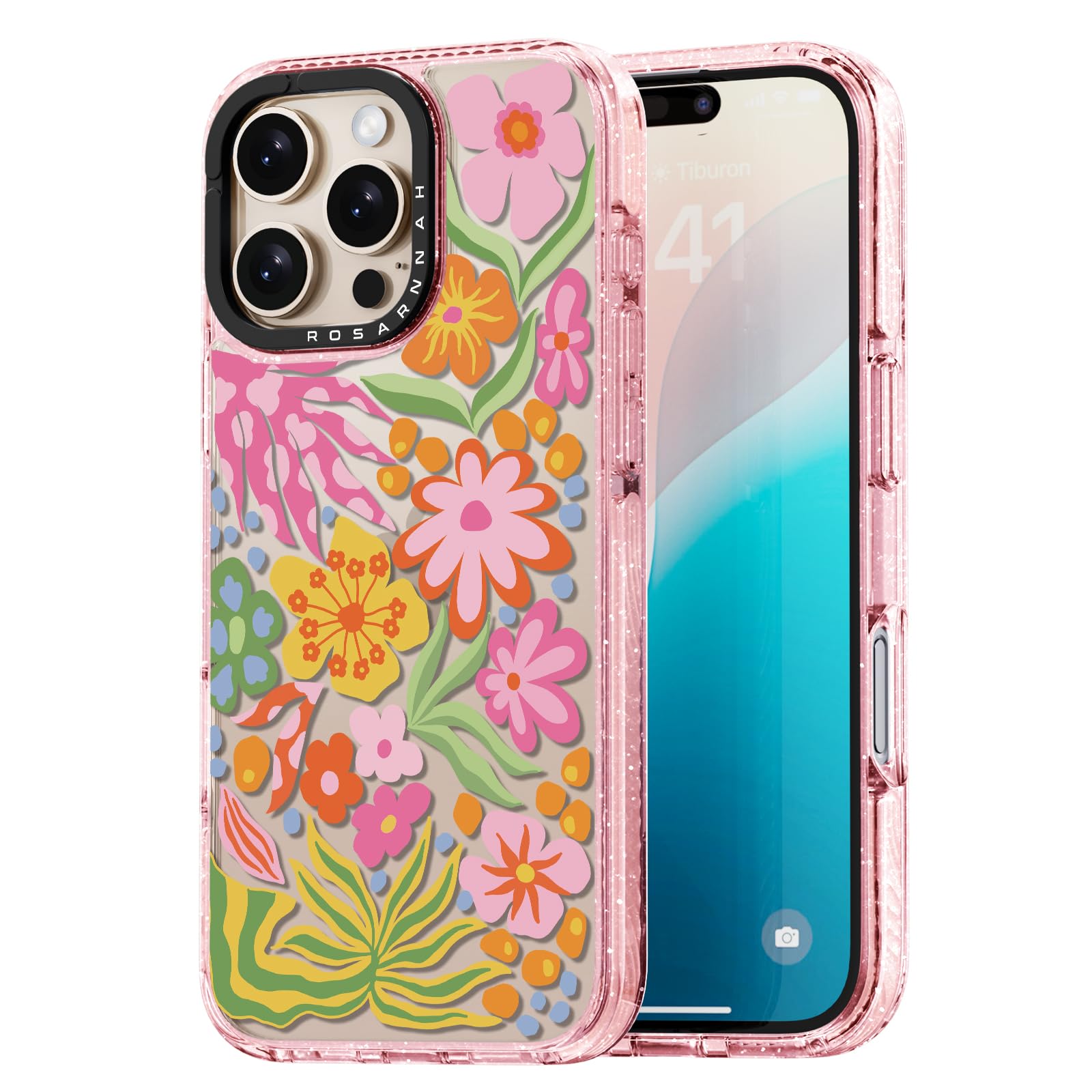 Photo 1 of Rosarnnah Compatible for iPhone 16 Pro Case Cute - Durable Shockproof 6.6 ft Drop Impact Phone Case - Glitter Pink Funny Passion Flower Design for iPhone 16 Pro 6.3"