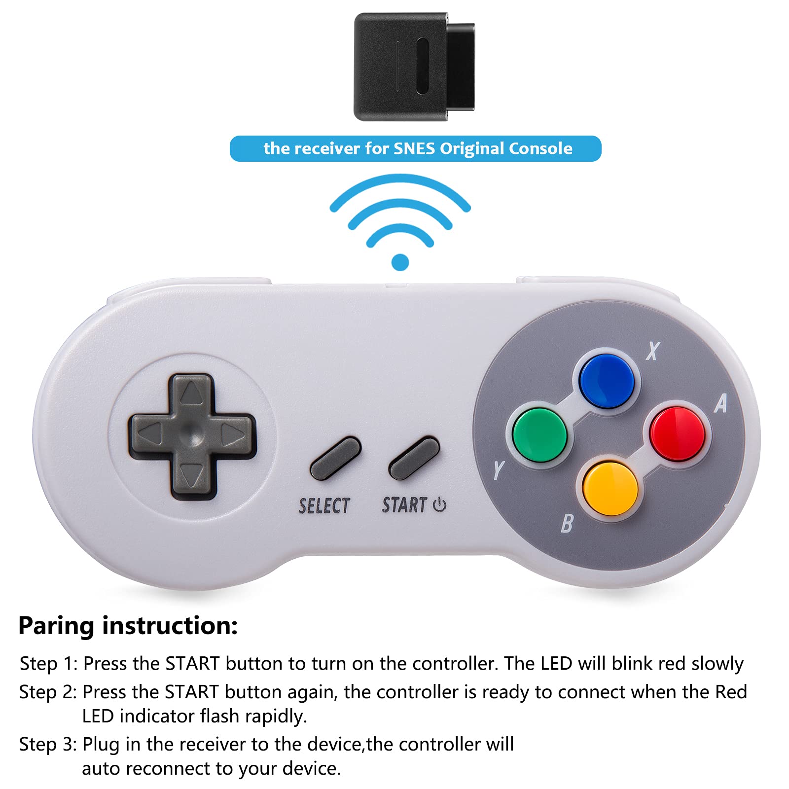 KIWITATA 2 Pack Wireless Controller for SNES Original Console, 2.4GHz Rechargeable Wireless SNES Remote Gamepad for SNES Nintendo Entertainment System Console-7 Pin Connector