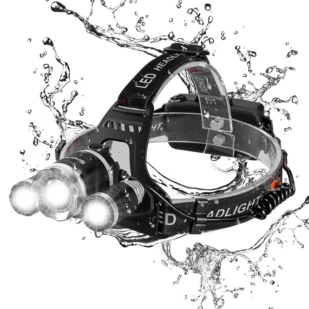 Brightest LED Headlamp, Snorda Zoomable Head Light with 6000 Lumen CREE LED, 4 Modes for Camping Fishing with 18650 Rechargeable Batteries