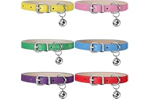 Weewooday 6 Pieces Leather Cat Collar with Bell Cute Pet Leather Kitten Collar for Boy Girl Cats with Safety Elastic Strap for Small Kitten Puppy(Bright Color)