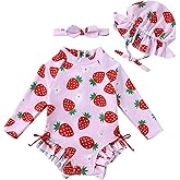 Renotemy Little Girl Swimsuit 2T 3T Drawstring Bow Back Zipper Bathing Suit Gifts Toddler Girls 3T Pink Strawberry Ruffle Summer Beach Essentials Kid Long Sleeve One-Piece Rash Guard Swimwear with Hat