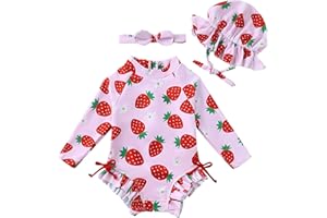 Renotemy Baby Girls Swimsuit Drawstring Zip Bathing Suit Long Sleeve One-Piece Rash Guard Swimwear with Hat for Infant Girl